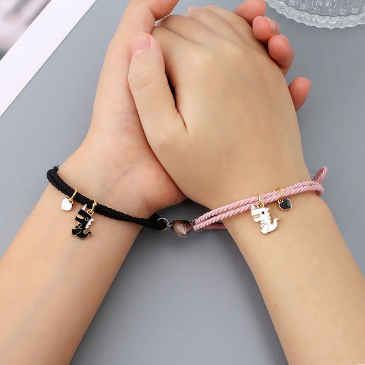 Lot de 2 Bracelets D'amitié Cordon Elastique - Dinosaure - BFF - Best Friends Forever - Amitié - Pendentif Aimanté Coeur