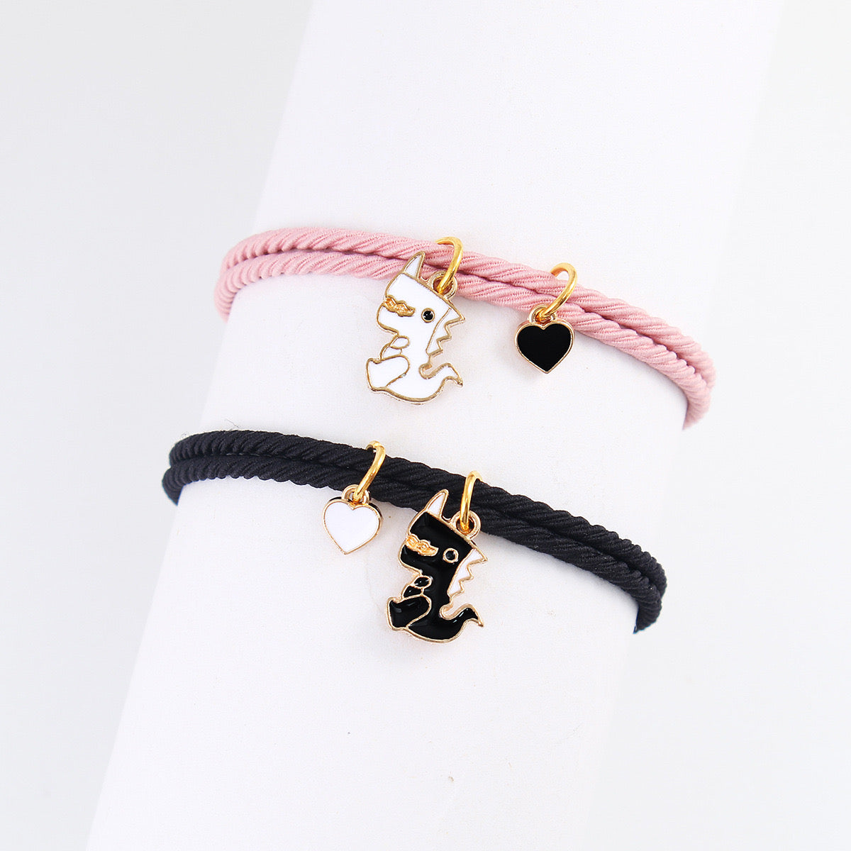 CHILD - Set of 2 Elastic Cord Friendship Bracelets Little Dinosaur - BFF Best Friends Forever - Fantasy - Magnetic Pendant