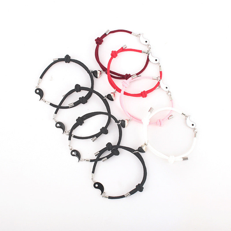 Lot de 2 Bracelets D'amitié Cordon Réglable - Ying Yang - BFF - Best Friends Forever - Amoureux Couple Amitié - Pendentif Aimanté Coeur