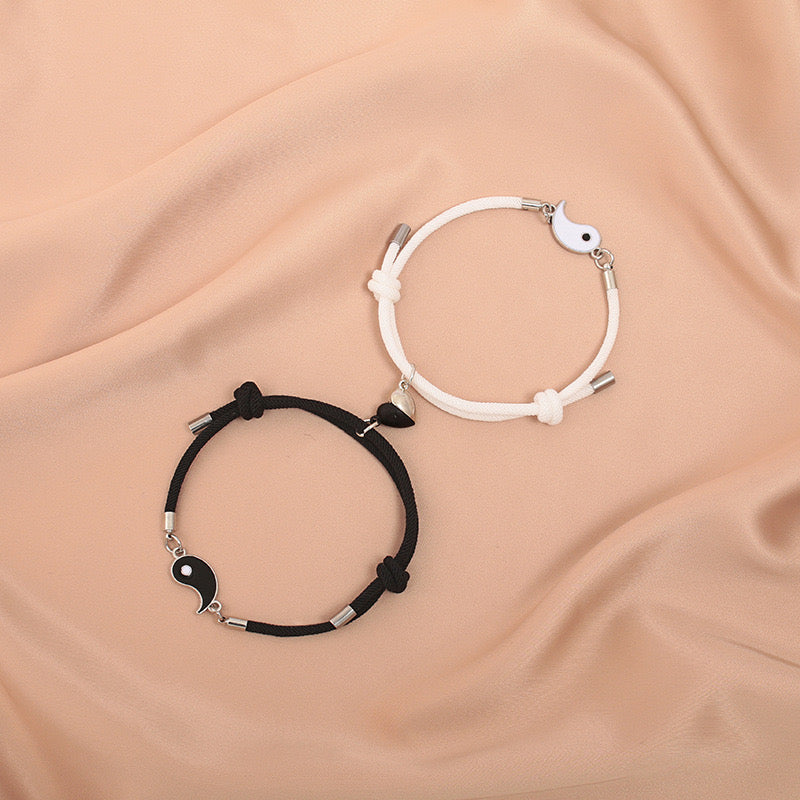 Lot de 2 Bracelets D'amitié Cordon Réglable - Ying Yang - BFF - Best Friends Forever - Amoureux Couple Amitié - Pendentif Aimanté Coeur