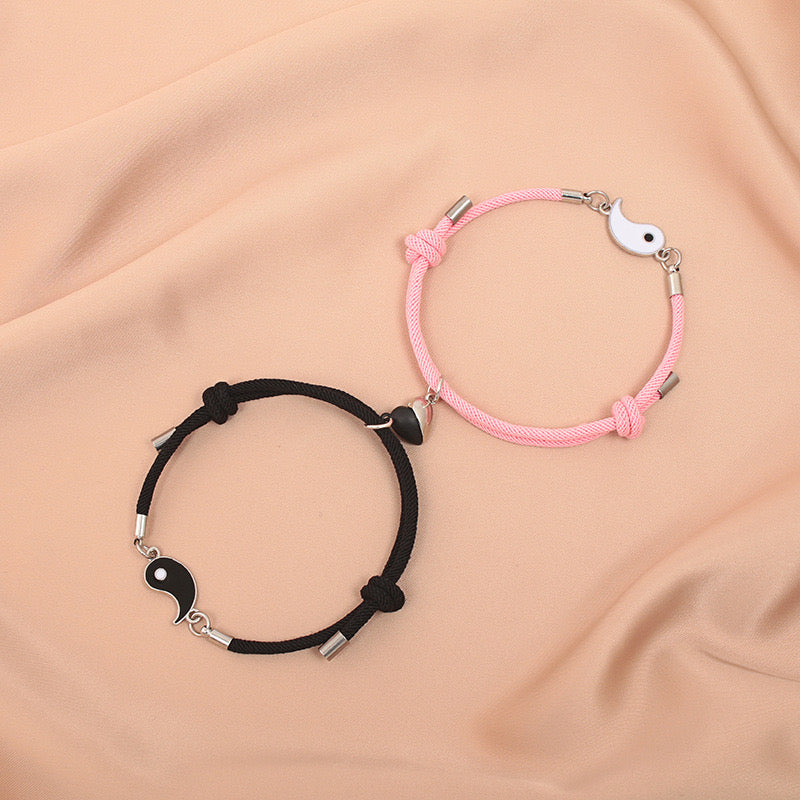 Lot de 2 Bracelets D'amitié Cordon Réglable - Ying Yang - BFF - Best Friends Forever - Amoureux Couple Amitié - Pendentif Aimanté Coeur