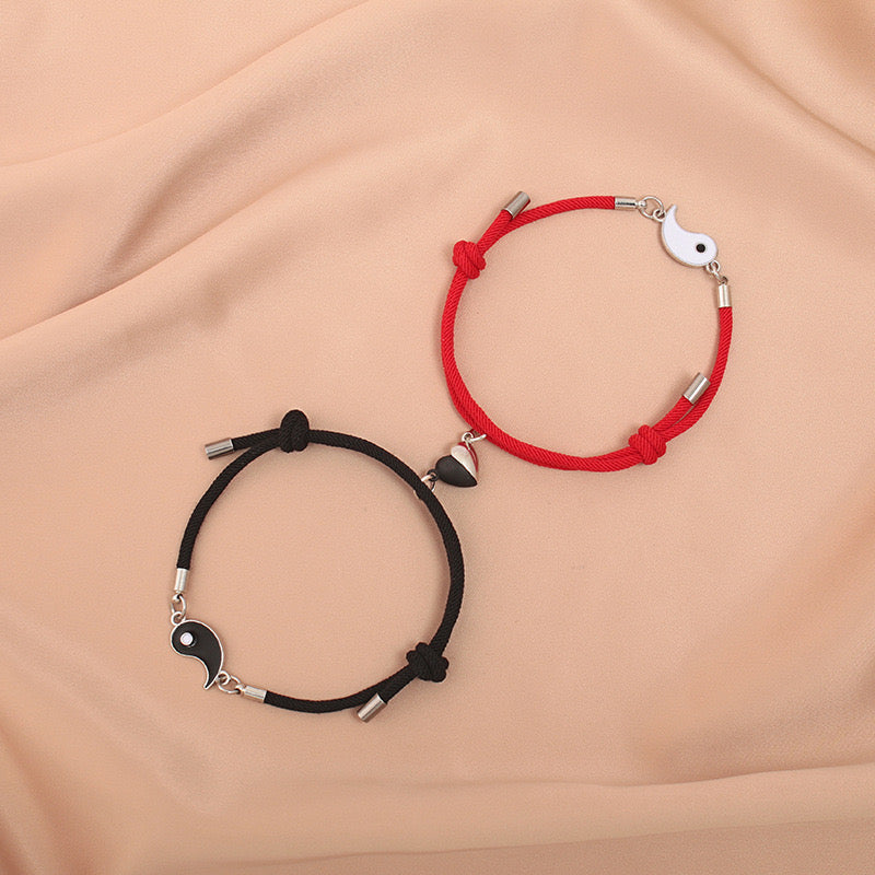 Lot de 2 Bracelets D'amitié Cordon Réglable - Ying Yang - BFF - Best Friends Forever - Amoureux Couple Amitié - Pendentif Aimanté Coeur