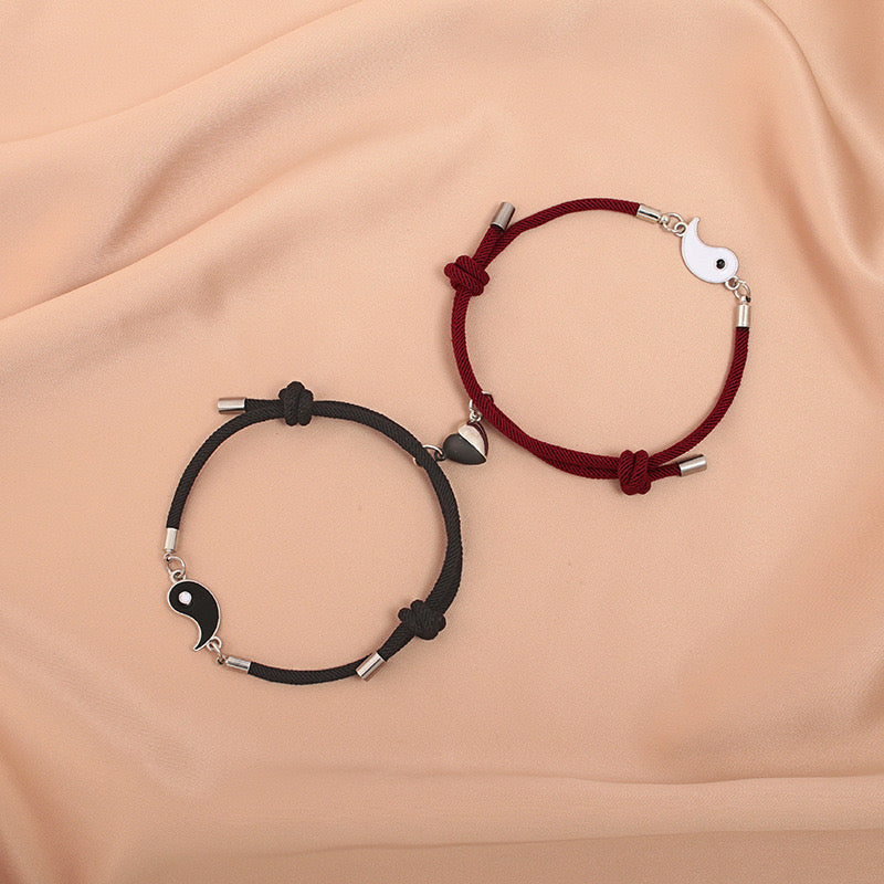 Lot de 2 Bracelets D'amitié Cordon Réglable - Ying Yang - BFF - Best Friends Forever - Amoureux Couple Amitié - Pendentif Aimanté Coeur