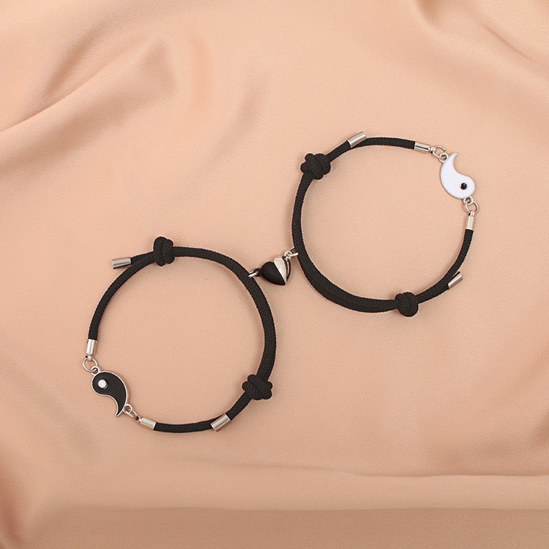 Lot de 2 Bracelets D'amitié Cordon Réglable - Ying Yang - BFF - Best Friends Forever - Amoureux Couple Amitié - Pendentif Aimanté Coeur