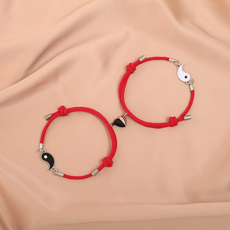 Lot de 2 Bracelets D'amitié Cordon Réglable - Ying Yang - BFF - Best Friends Forever - Amoureux Couple Amitié - Pendentif Aimanté Coeur