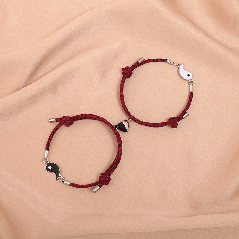 Lot de 2 Bracelets D'amitié Cordon Réglable - Ying Yang - BFF - Best Friends Forever - Amoureux Couple Amitié - Pendentif Aimanté Coeur