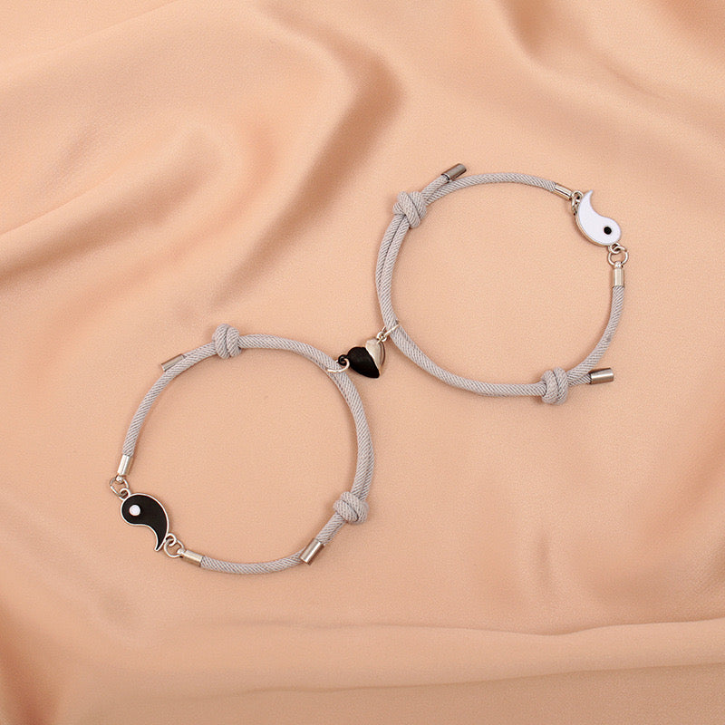 Lot de 2 Bracelets D'amitié Cordon Réglable - Ying Yang - BFF - Best Friends Forever - Amoureux Couple Amitié - Pendentif Aimanté Coeur