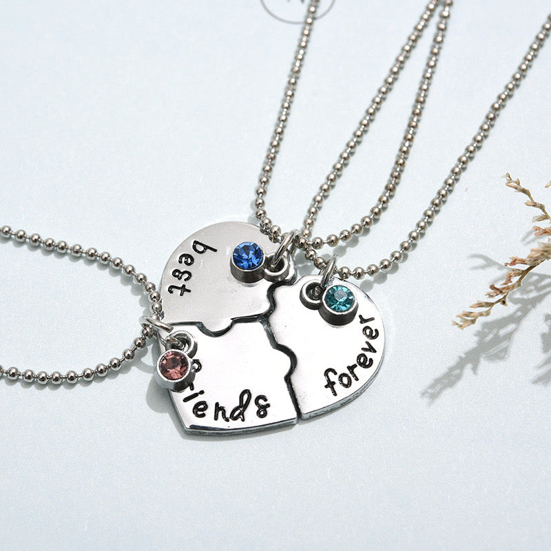 Lot de 3 Colliers D'amitié - Coeur Puzzle - BFF - Best Friends Forever - Pendentif Argenté ou Coloré - Strass - Amitié