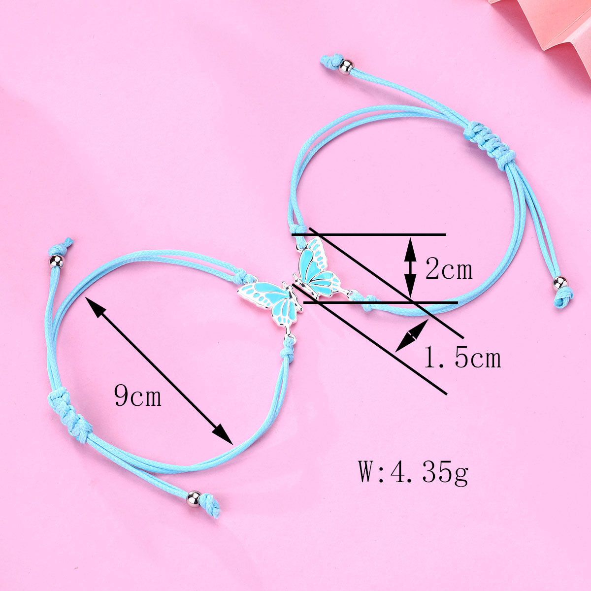 CHILD - Set of 2 Adjustable Butterfly Friendship Cord Bracelets - BFF Best Friends Forever - Fantasy - Pendant