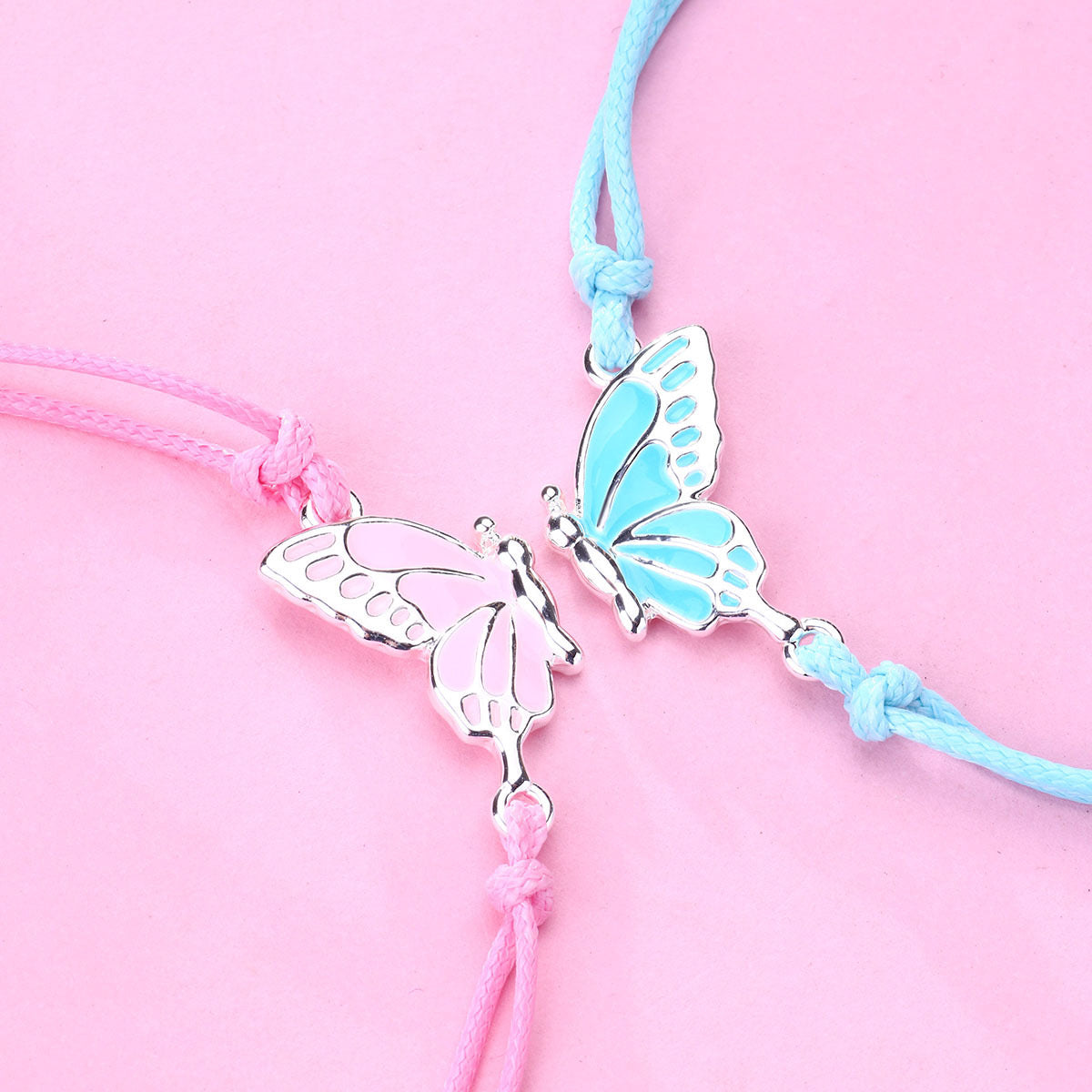 CHILD - Set of 2 Adjustable Butterfly Friendship Cord Bracelets - BFF Best Friends Forever - Fantasy - Pendant
