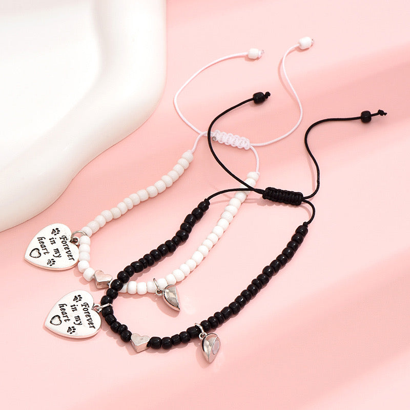 Lot de 2 Bracelets D'amitié Cordon Réglable - Coeur Aimanté - Forever in My Heart - BFF - Best Friends Forever - Amoureux Amitié - Perles