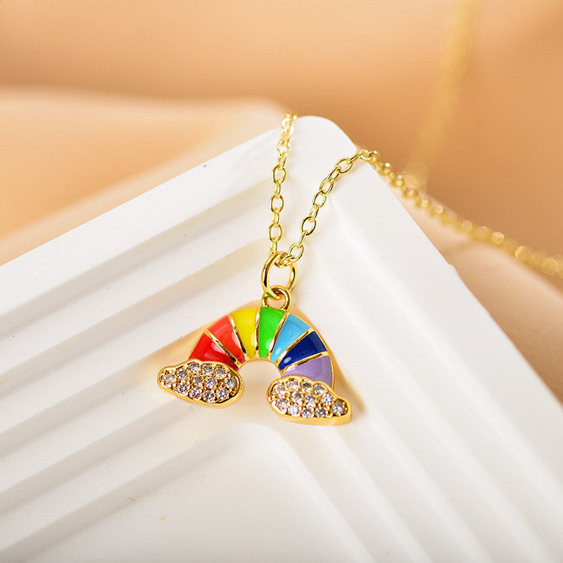 Collier Pendentif Arc en Ciel Multicouleurs - Nuages Zircon - Mignon - Alliage Cuivre