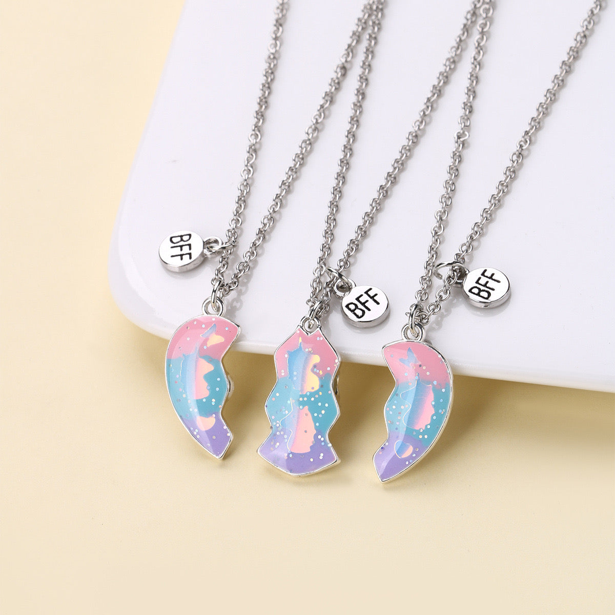 Lot de 3 Colliers D'amitié Aimantés - Coeur Licorne Paillettes - BFF - Best Friends Forever - Amitié - Pendentif Aimanté - Mignon