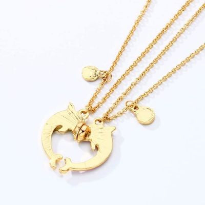 CHILDREN - Set of 2 Dolphin Heart Friendship Necklace Chains - BFF Best Friends Forever - Fancy - Magnetic Pendant with Gold Chain