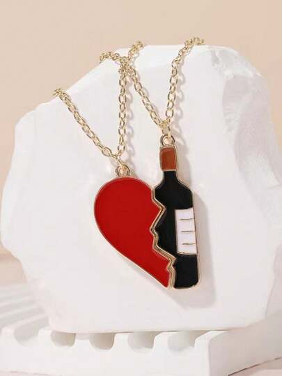 Lot de 2 Colliers D'amitié Couple Amoureux - Coeur Bouteille Vin - BFF - Best Friends Forever - Amitié - Pendentif et Chaine Doré