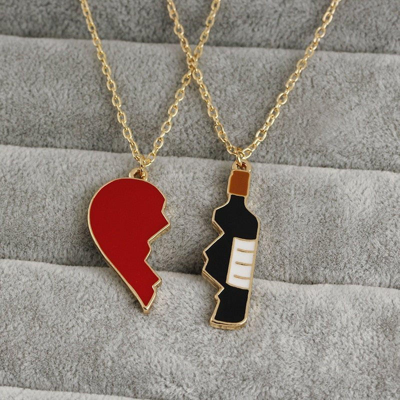 Lot de 2 Colliers D'amitié Couple Amoureux - Coeur Bouteille Vin - BFF - Best Friends Forever - Amitié - Pendentif et Chaine Doré
