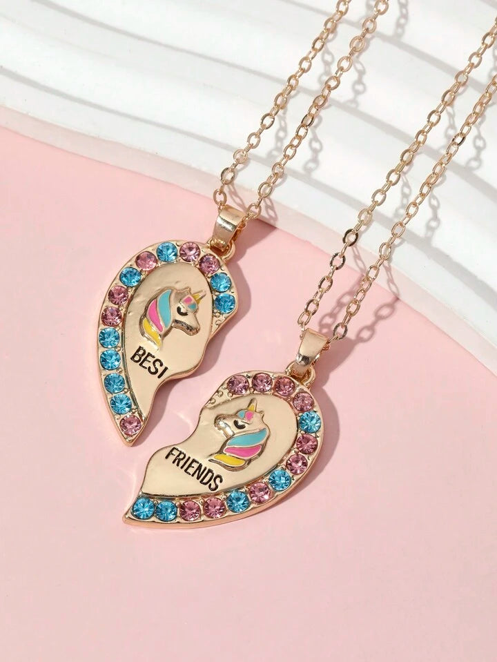Lot de 2 Colliers D'amitié - Coeur Licornes - BFF - Best Friends Forever - Fantaisie - Pendentif et Chaine Argenté ou Doré - Amitié