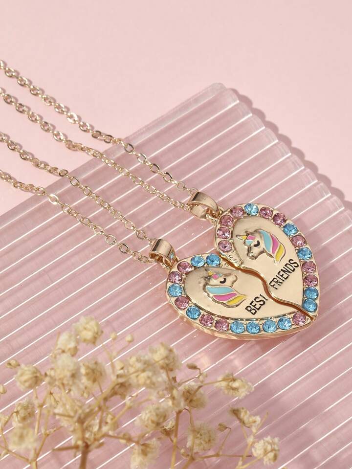 Lot de 2 Colliers D'amitié - Coeur Licornes - BFF - Best Friends Forever - Fantaisie - Pendentif et Chaine Argenté ou Doré - Amitié