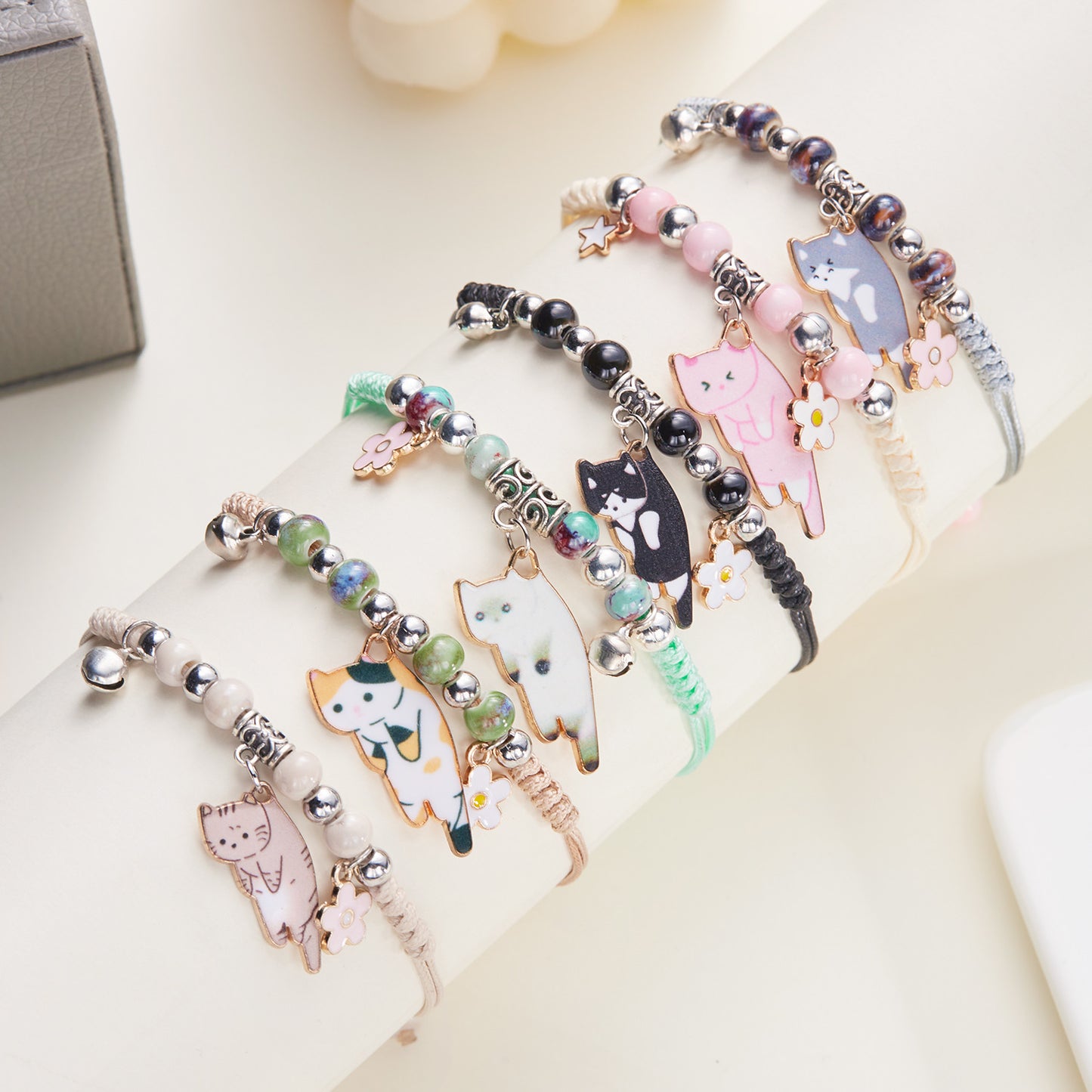Bracelets Cordon Réglable Chat - Amoureux des Chats - Fantaisie - Perles Fleur