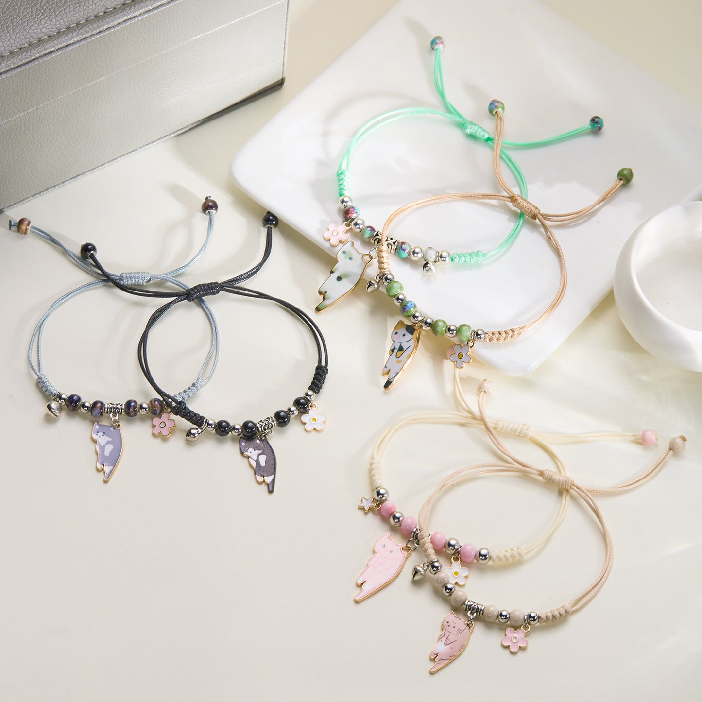 Bracelets Cordon Réglable Chat - Amoureux des Chats - Fantaisie - Perles Fleur