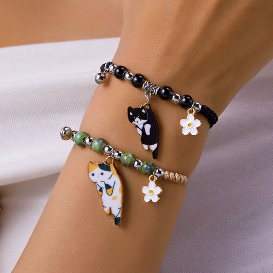 Bracelets Cordon Réglable Chat - Amoureux des Chats - Fantaisie - Perles Fleur
