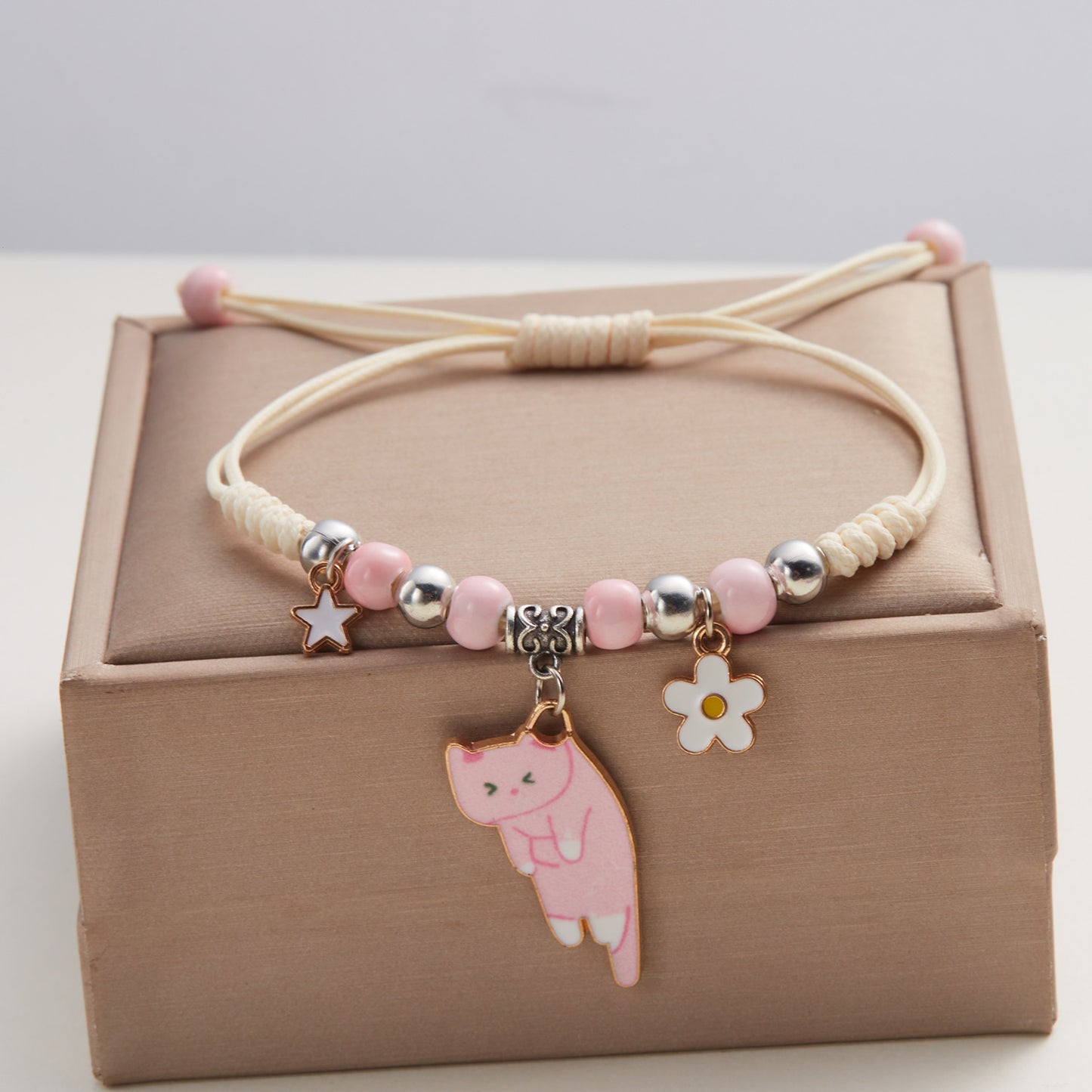 Bracelets Cordon Réglable Chat - Amoureux des Chats - Fantaisie - Perles Fleur