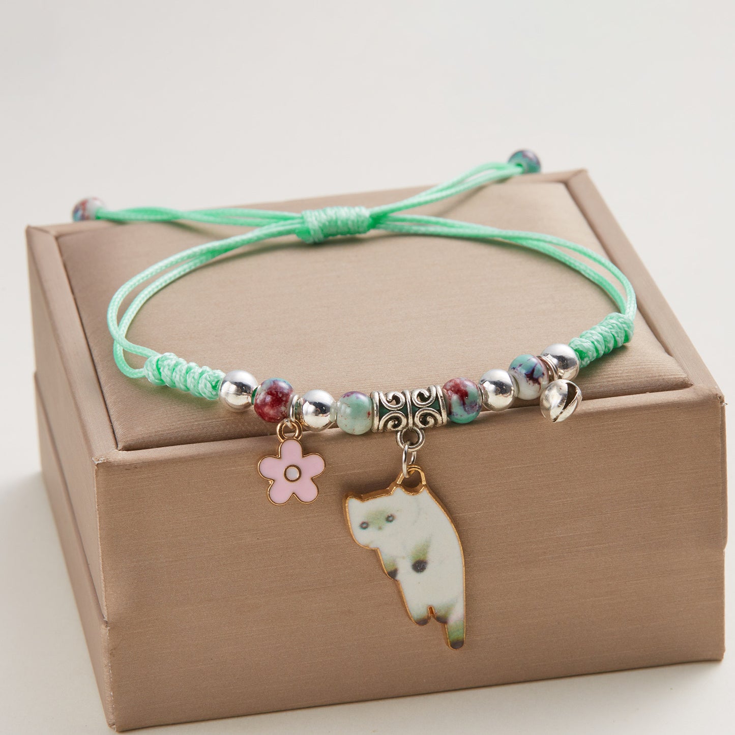 Bracelets Cordon Réglable Chat - Amoureux des Chats - Fantaisie - Perles Fleur