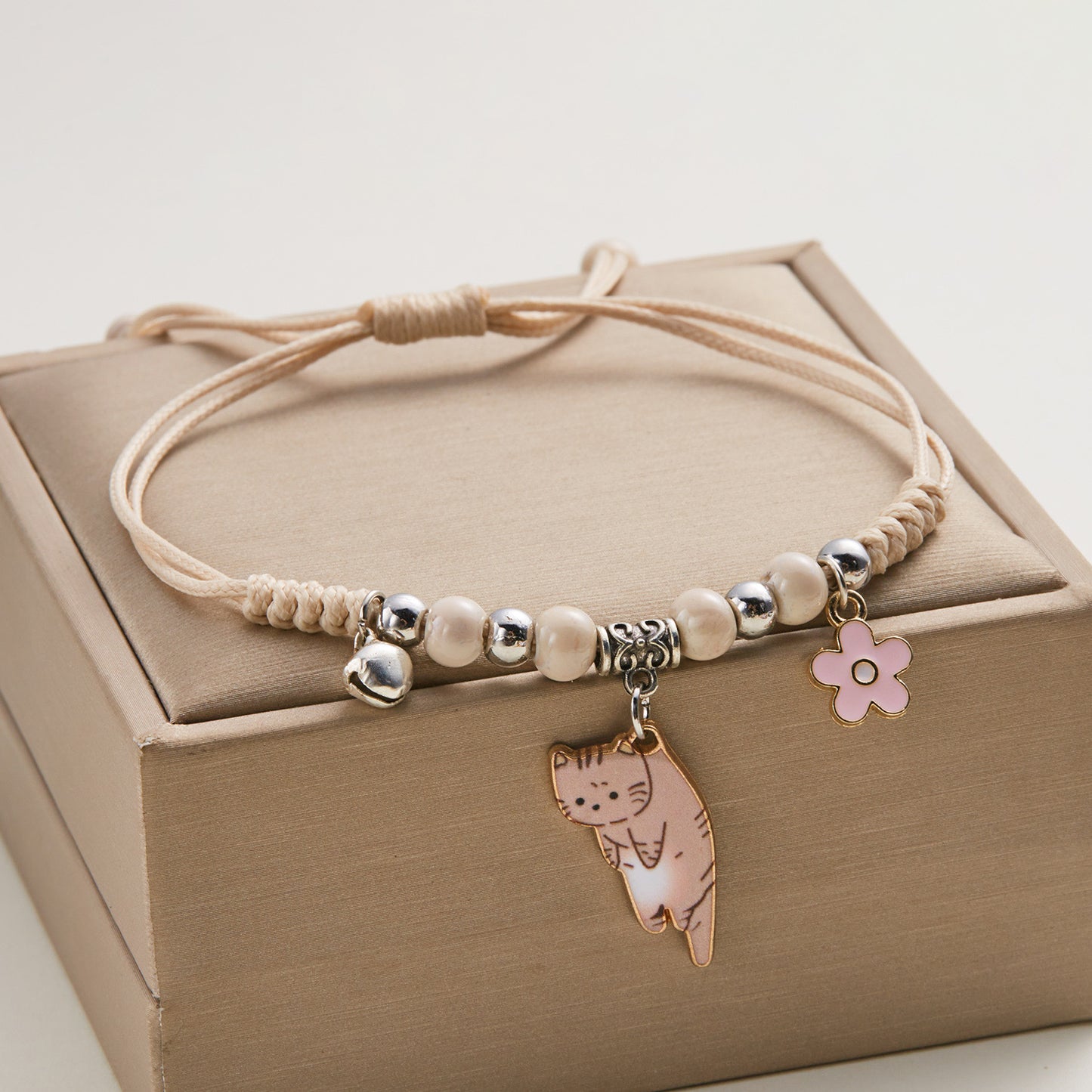 Bracelets Cordon Réglable Chat - Amoureux des Chats - Fantaisie - Perles Fleur