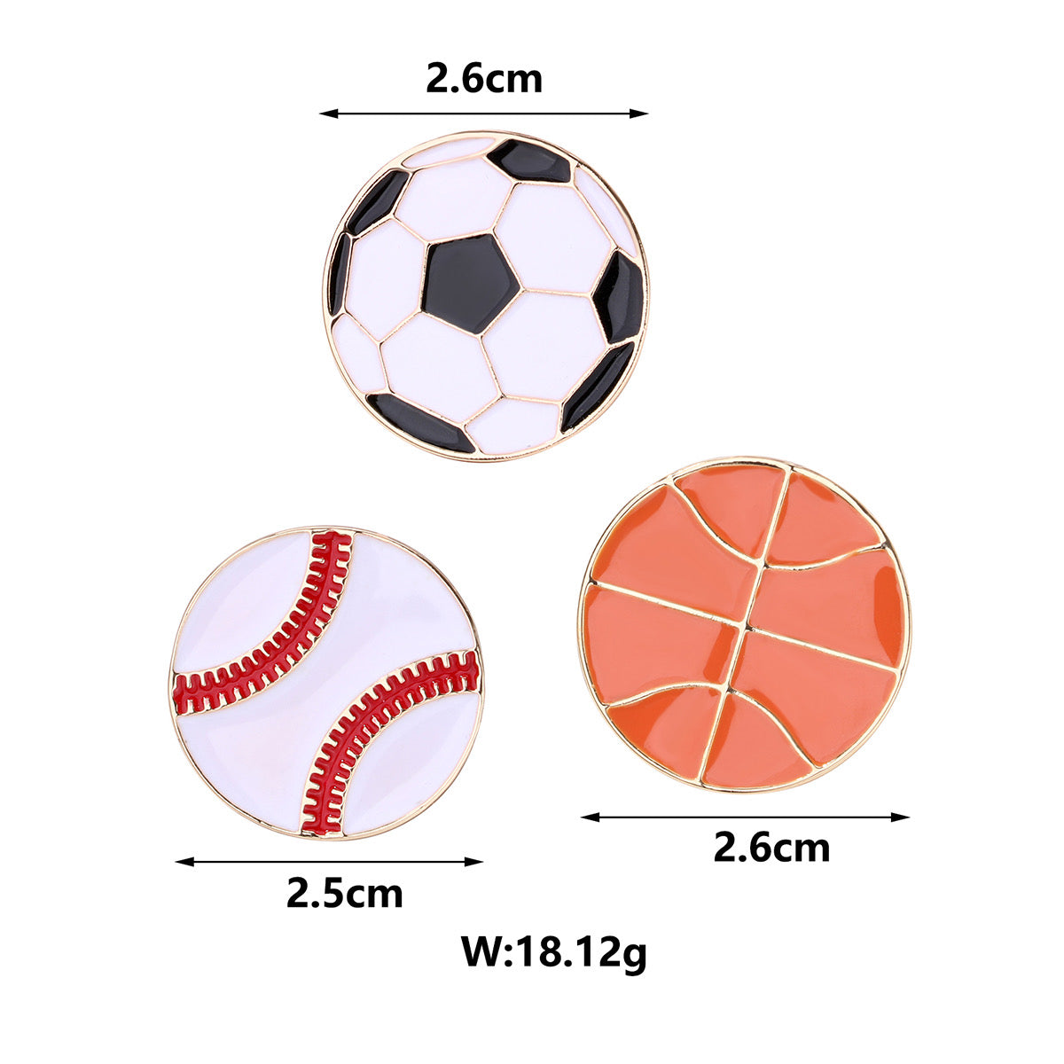 Lot de 3 Pin's Broches avec Carte - Ballon de Sport - Baseball Basket-Ball Football - Fantaisie - Alliage Email