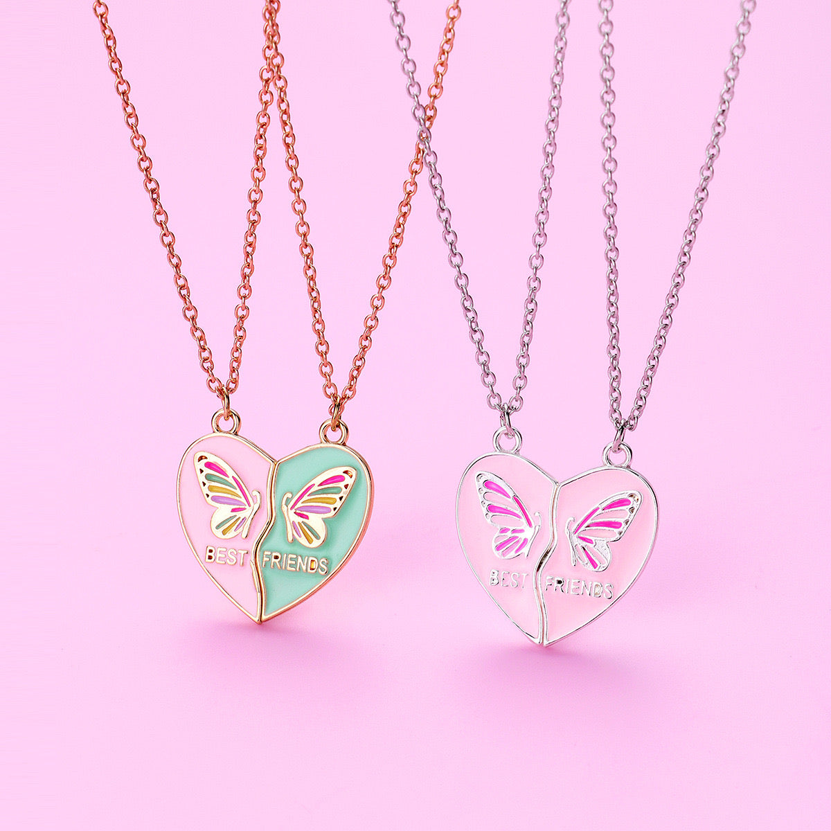 Lot de 2 Colliers D'amitié - Coeur Papillons Aimantés - BFF - Best Friends Forever - Fantaisie - Collier Amitié à Partager