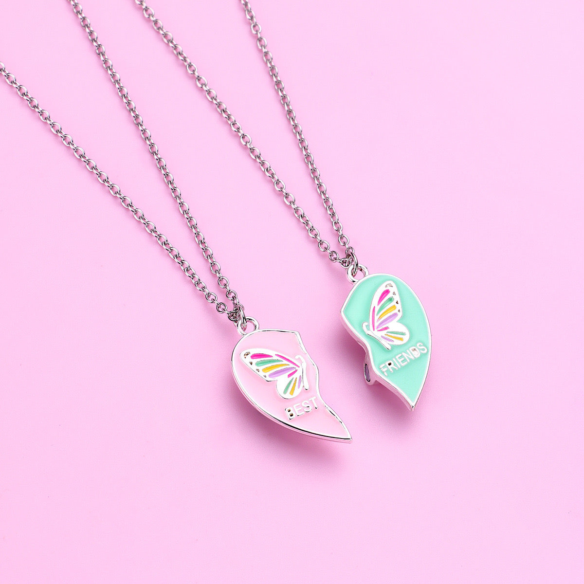 Lot de 2 Colliers D'amitié - Coeur Papillons Aimantés - BFF - Best Friends Forever - Fantaisie - Collier Amitié à Partager