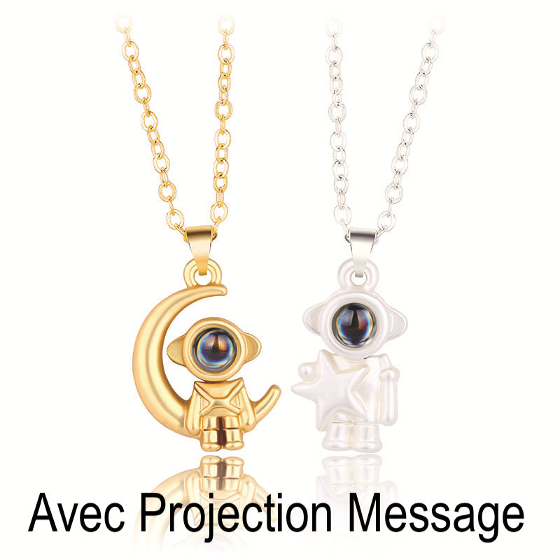 Set of 2 Chains Friendship Necklaces Projection Message Love Multiple Languages - Astronaut - BFF Best Friends - Fantasy - Lovers Couple