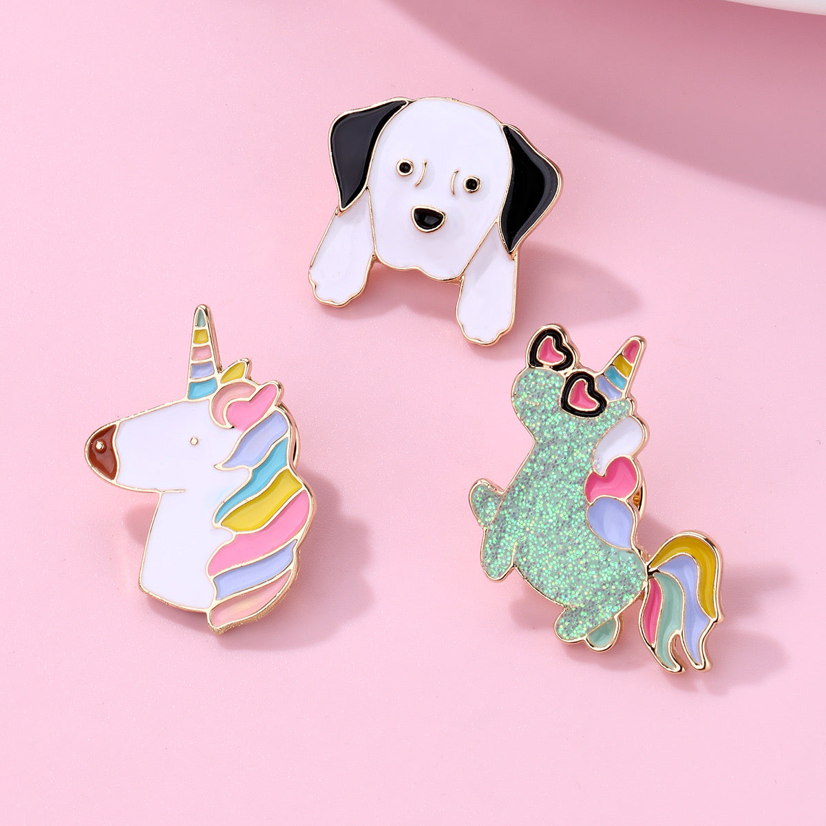 Lot de 3 Pin's Broches avec Carte - Romantique Mignon Chien Licorne - Fantaisie - Alliage Email