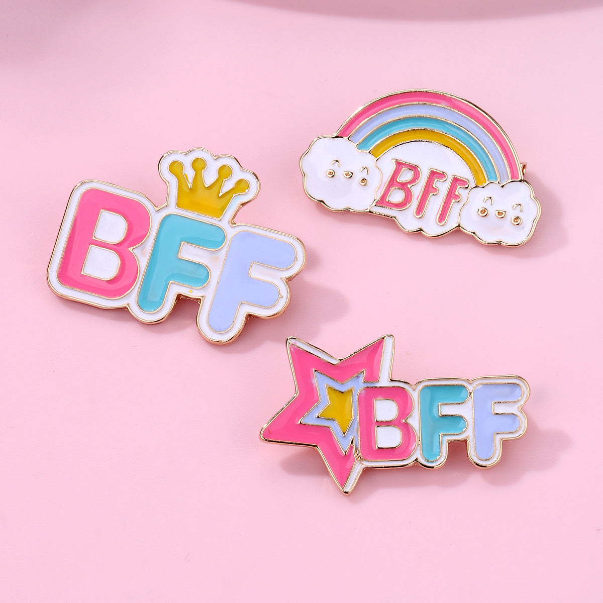 Lot de 3 Pin's Broches avec Carte - BFF - Best Friend Forever - Arc en Ciel Couronne - Fantaisie - Alliage Email