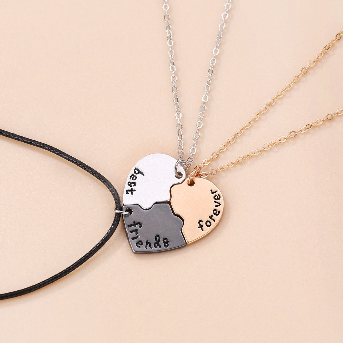 Set aus 3 Herz-Freundschaftsketten – BFF Best Friends Forever – Fancy – Gold-Silber-Anhänger und Kette