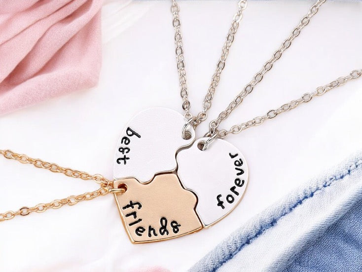 Set aus 3 Herz-Freundschaftsketten – BFF Best Friends Forever – Fancy – Gold-Silber-Anhänger und Kette