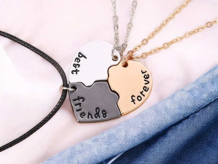 Set aus 3 Herz-Freundschaftsketten – BFF Best Friends Forever – Fancy – Gold-Silber-Anhänger und Kette