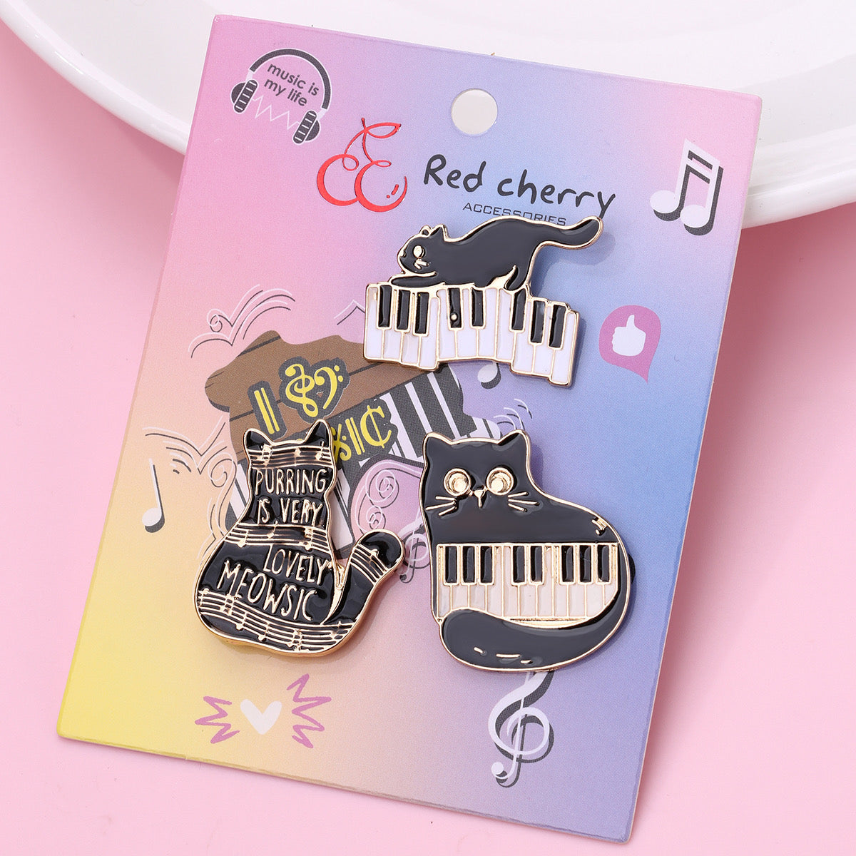 Lot de 3 Pin's Broches avec Carte - Chat Musique - Amoureux des Chats - Fantaisie - Alliage Email