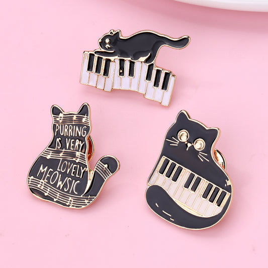 Lot de 3 Pin's Broches avec Carte - Chat Musique - Amoureux des Chats - Fantaisie - Alliage Email