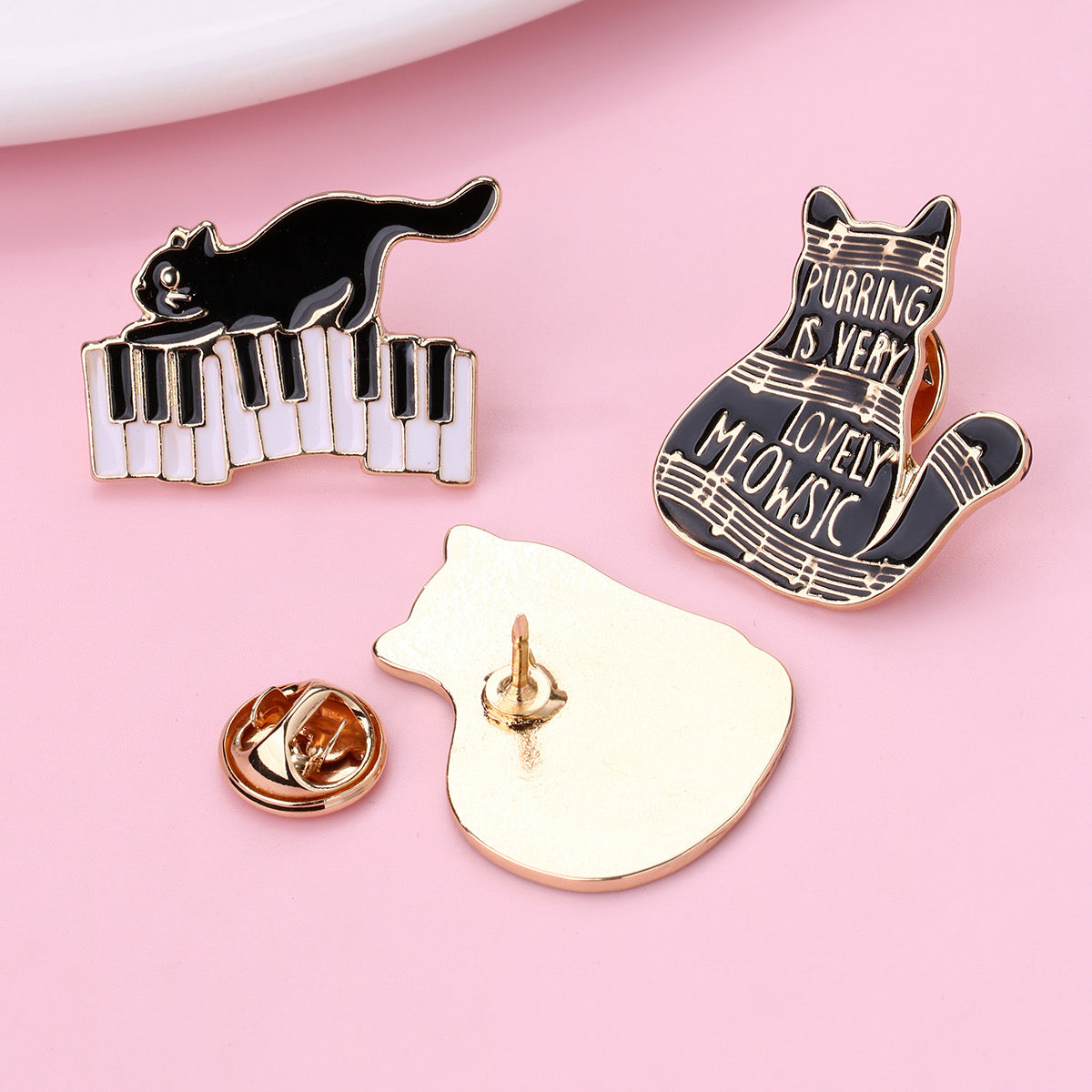 Lot de 3 Pin's Broches avec Carte - Chat Musique - Amoureux des Chats - Fantaisie - Alliage Email