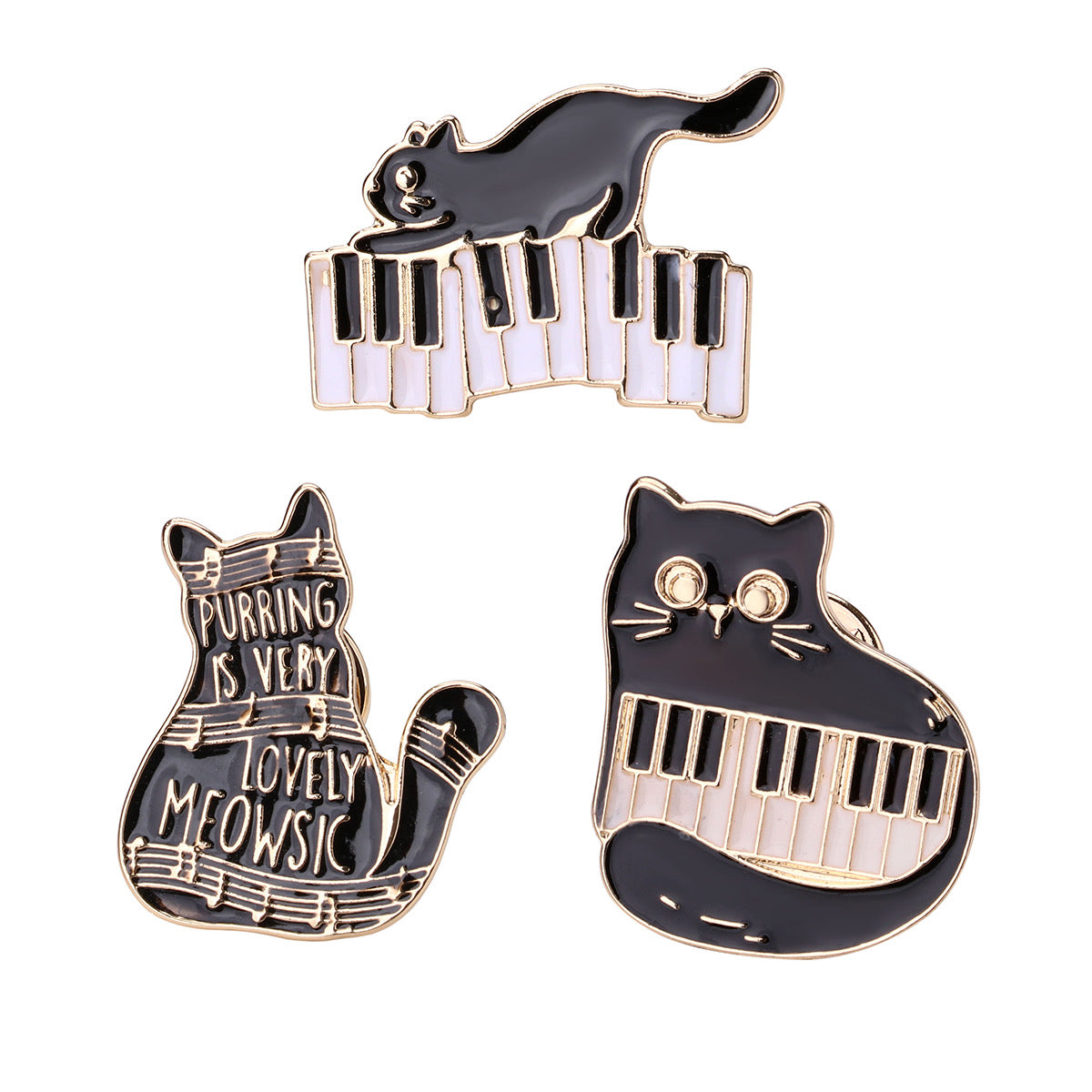Lot de 3 Pin's Broches avec Carte - Chat Musique - Amoureux des Chats - Fantaisie - Alliage Email