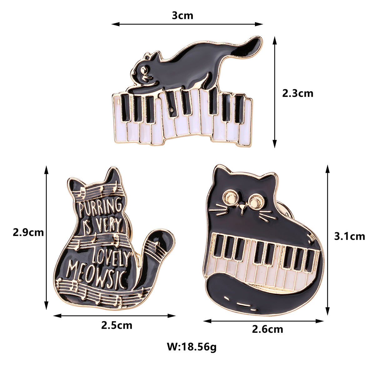 Lot de 3 Pin's Broches avec Carte - Chat Musique - Amoureux des Chats - Fantaisie - Alliage Email