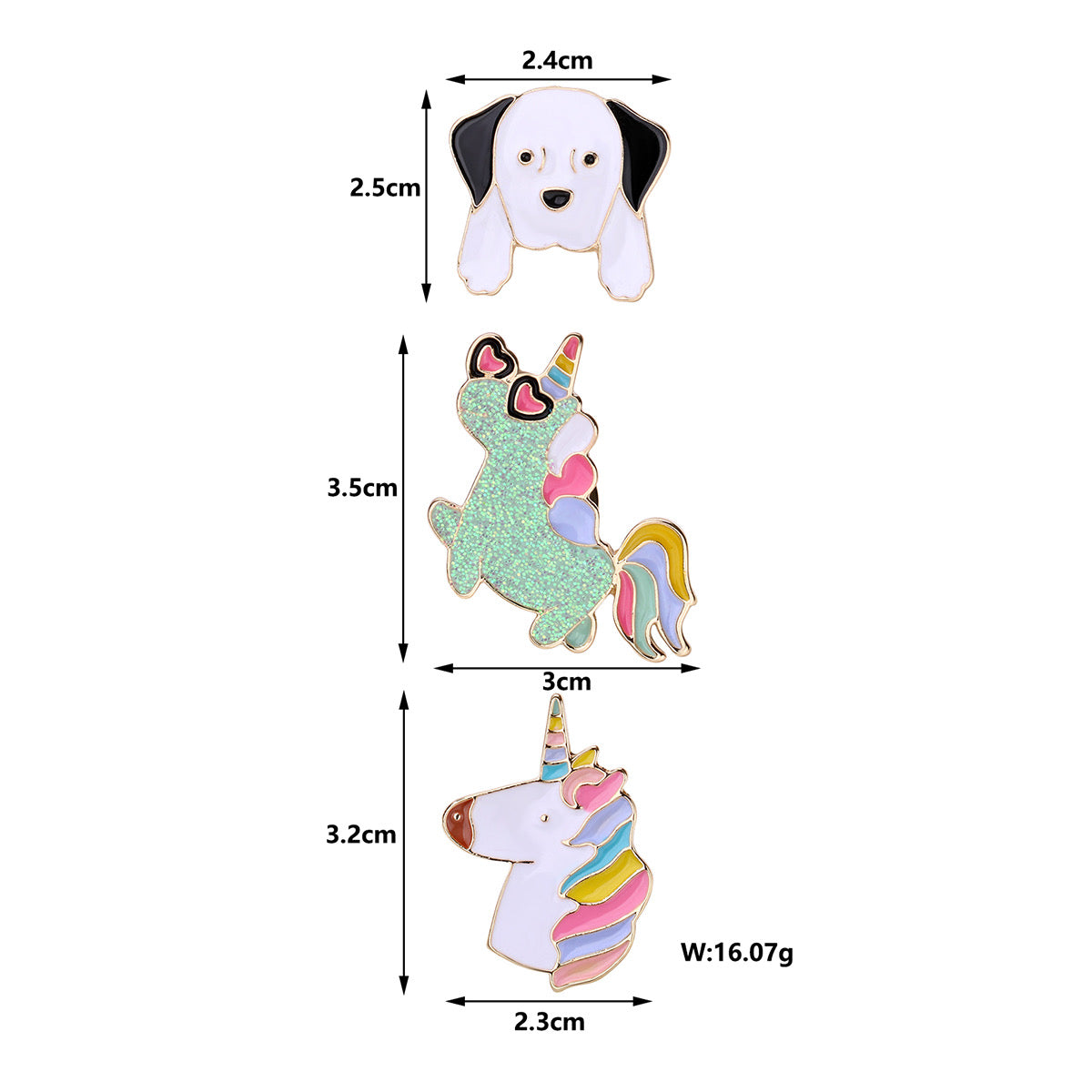 Lot de 3 Pin's Broches avec Carte - Romantique Mignon Chien Licorne - Fantaisie - Alliage Email