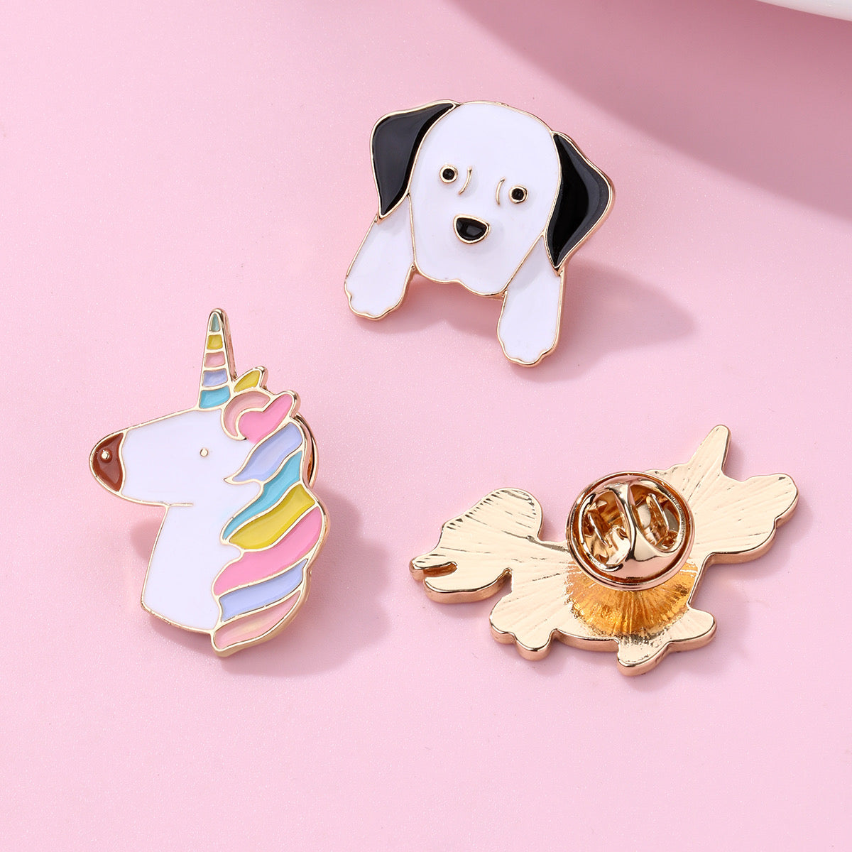 Lot de 3 Pin's Broches avec Carte - Romantique Mignon Chien Licorne - Fantaisie - Alliage Email