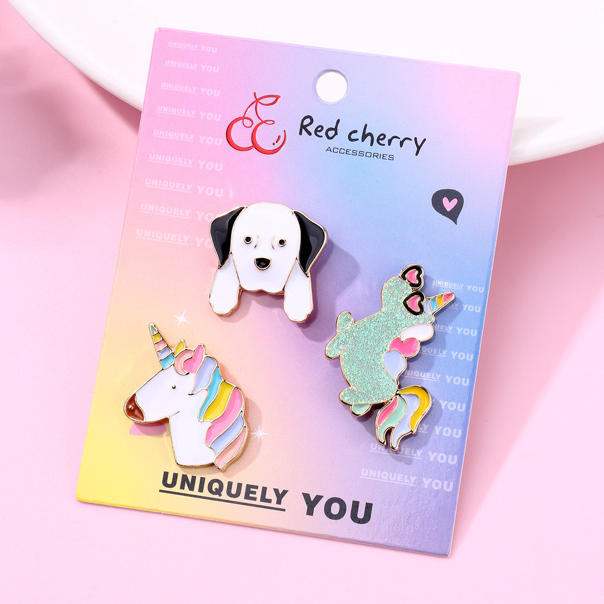 Lot de 3 Pin's Broches avec Carte - Romantique Mignon Chien Licorne - Fantaisie - Alliage Email