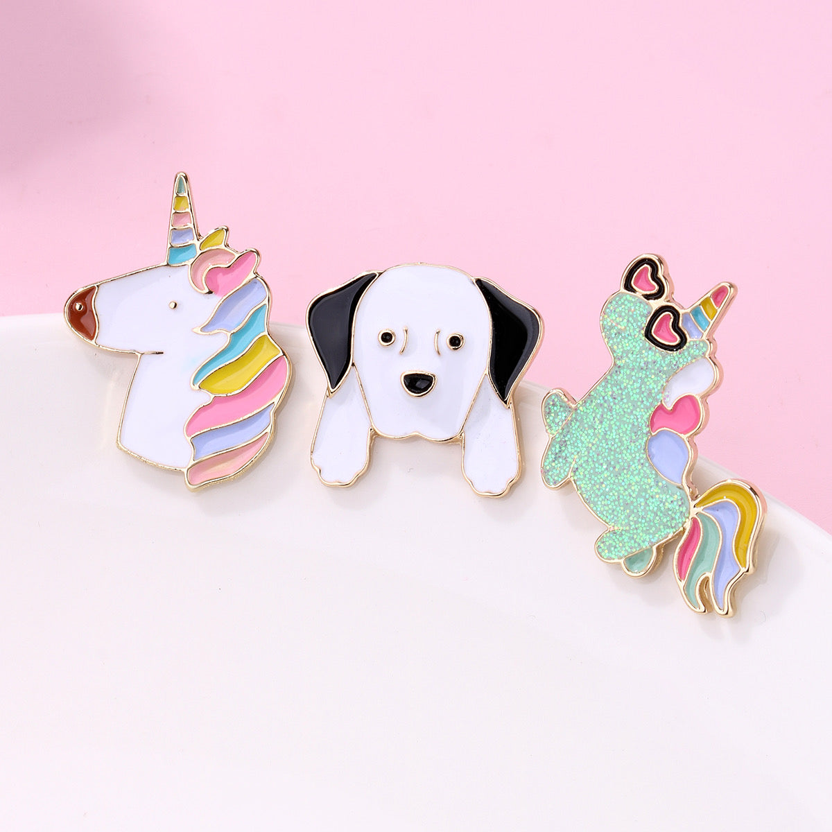 Lot de 3 Pin's Broches avec Carte - Romantique Mignon Chien Licorne - Fantaisie - Alliage Email