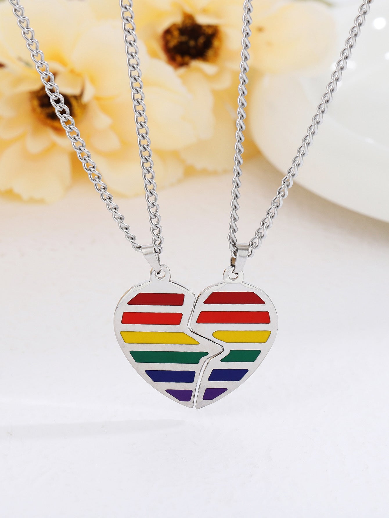 Lot de 2 Colliers D'amitié - Coeur ou Rond Arc en ciel - BFF - Best Friends Forever - Amoureux Couple Amitié - LGBT Pride