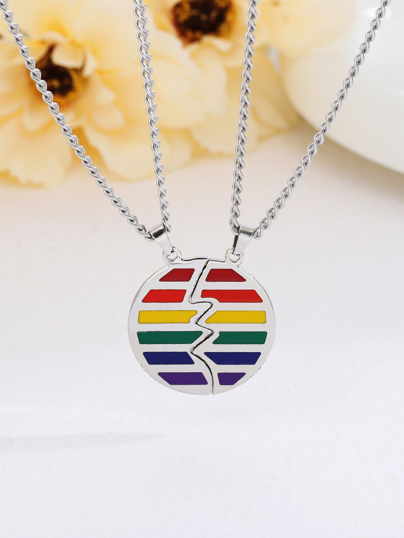 Lot de 2 Colliers D'amitié - Coeur ou Rond Arc en ciel - BFF - Best Friends Forever - Amoureux Couple Amitié - LGBT Pride