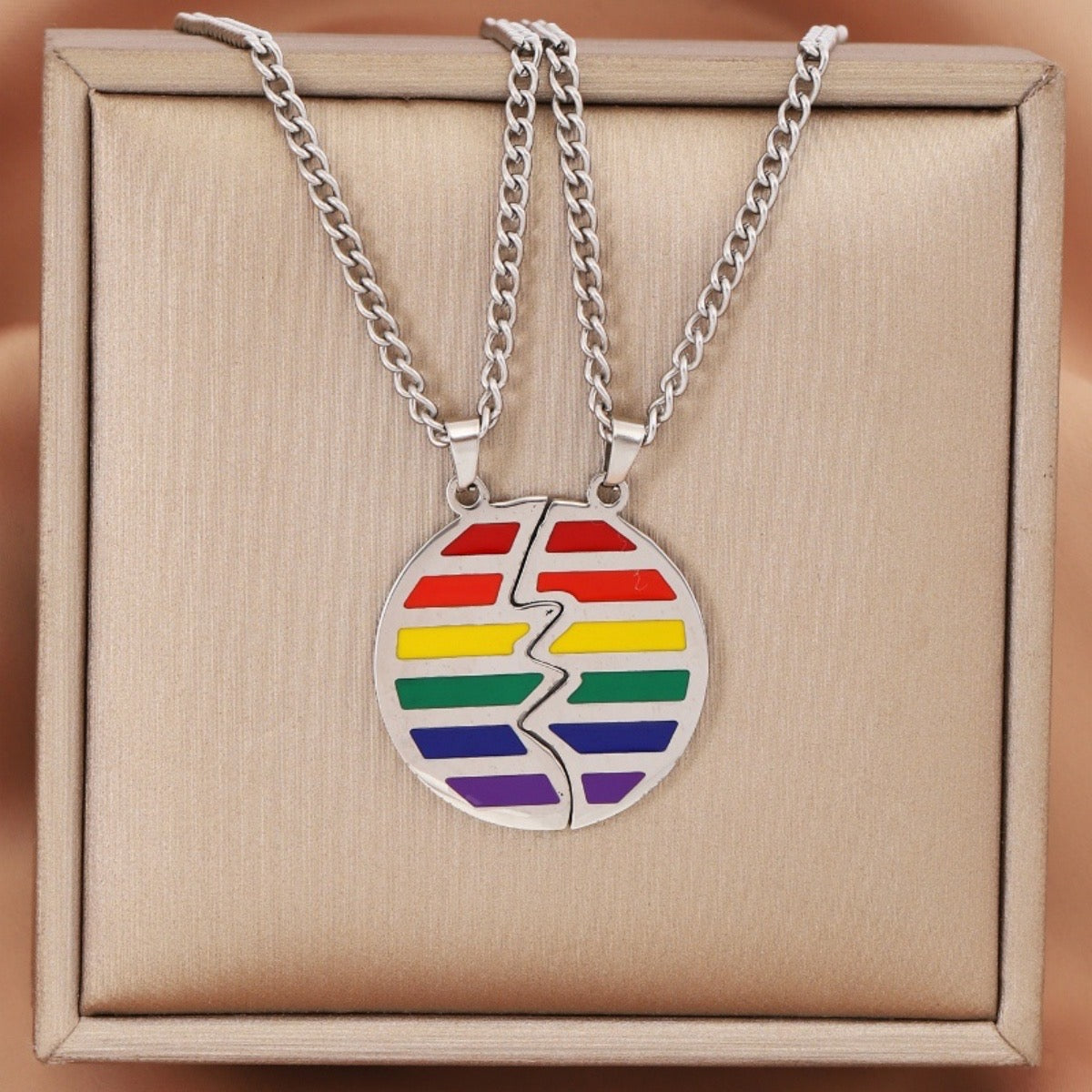 Lot de 2 Colliers D'amitié - Coeur ou Rond Arc en ciel - BFF - Best Friends Forever - Amoureux Couple Amitié - LGBT Pride