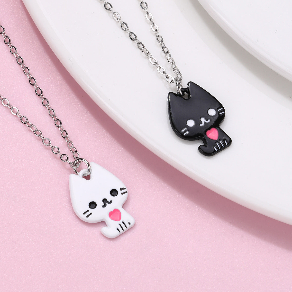 Lot de 2 Colliers D'amitié - Chat Noir et Blanc - BFF - Best Friends Forever - Fantaisie - Mignon